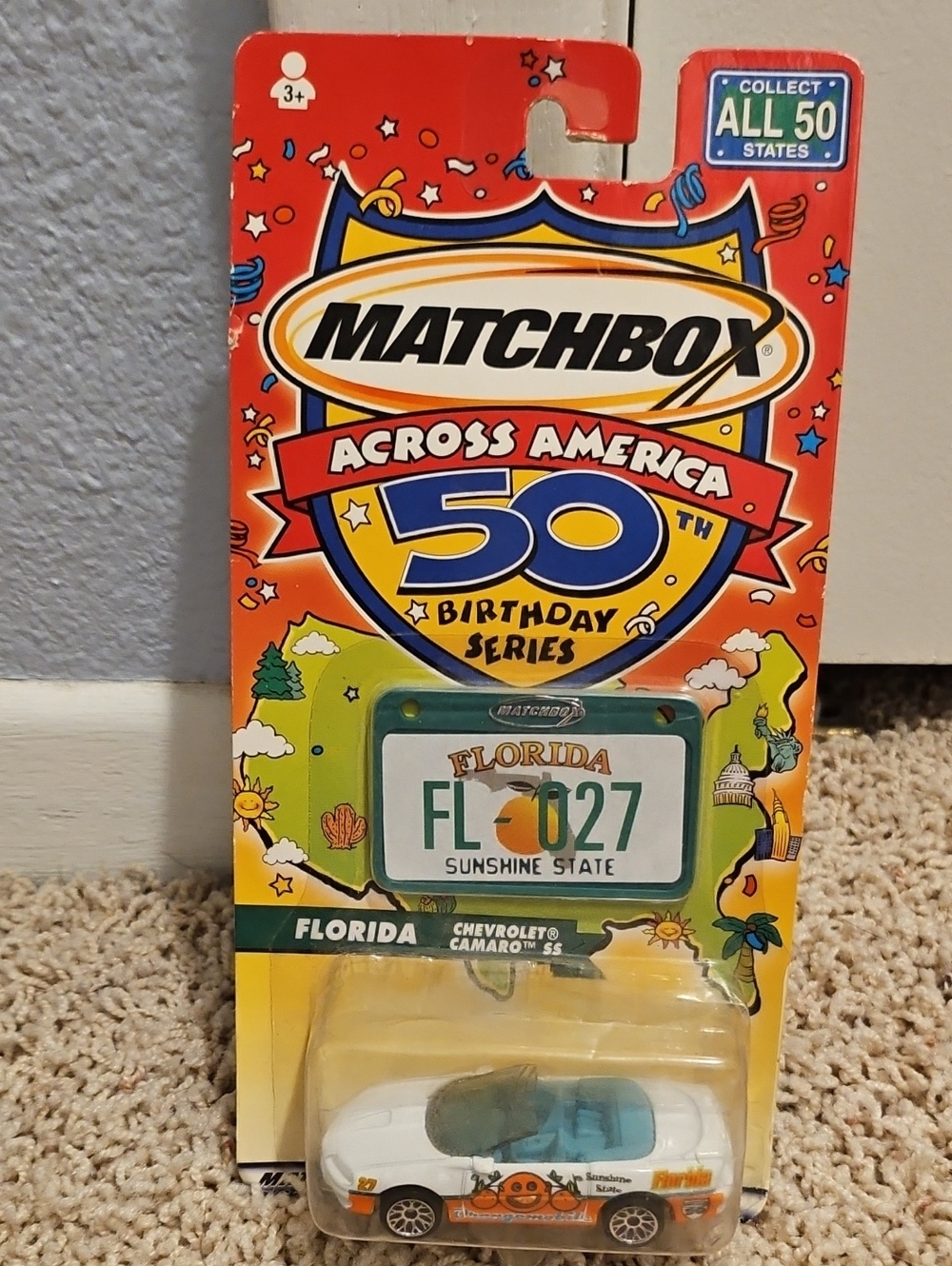 Matchbox Across America 50th Florida Camaro Toy Car - White & Orange